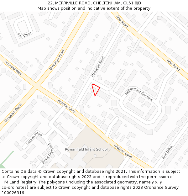 22, MERRIVILLE ROAD, CHELTENHAM, GL51 8JB: Location map and indicative extent of plot