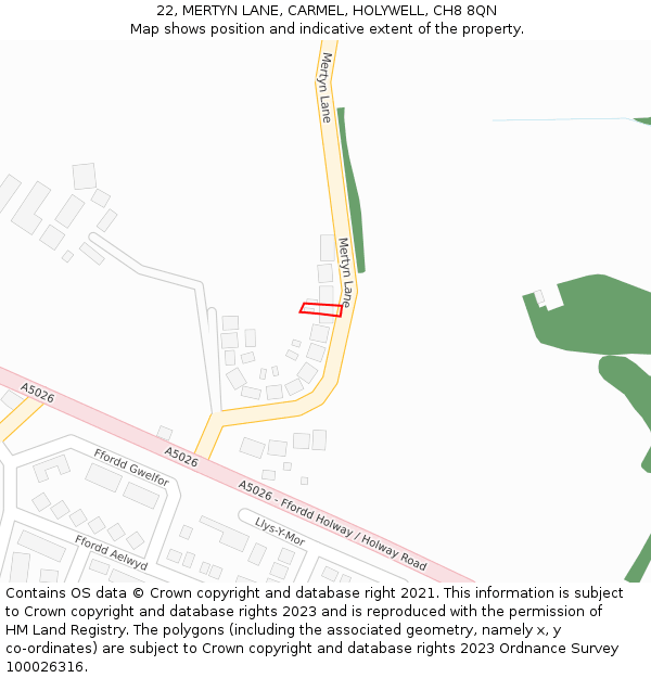 22, MERTYN LANE, CARMEL, HOLYWELL, CH8 8QN: Location map and indicative extent of plot