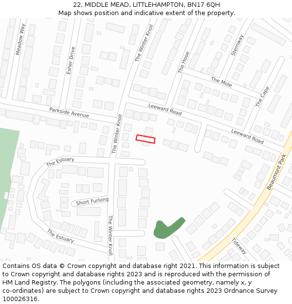 22, MIDDLE MEAD, LITTLEHAMPTON, BN17 6QH: Location map and indicative extent of plot