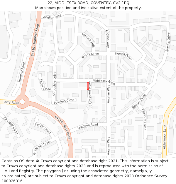 22, MIDDLESEX ROAD, COVENTRY, CV3 1PQ: Location map and indicative extent of plot