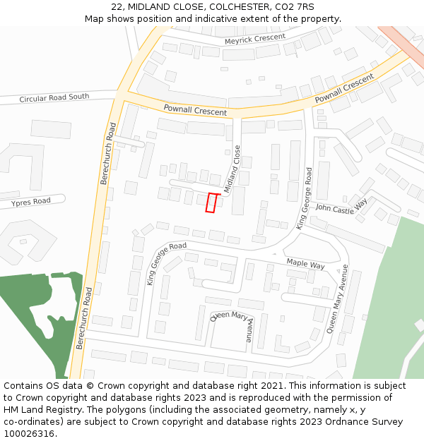 22, MIDLAND CLOSE, COLCHESTER, CO2 7RS: Location map and indicative extent of plot