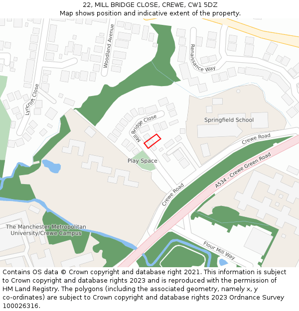 22, MILL BRIDGE CLOSE, CREWE, CW1 5DZ: Location map and indicative extent of plot