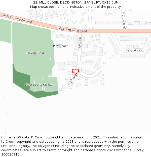 22, MILL CLOSE, DEDDINGTON, BANBURY, OX15 0UN: Location map and indicative extent of plot