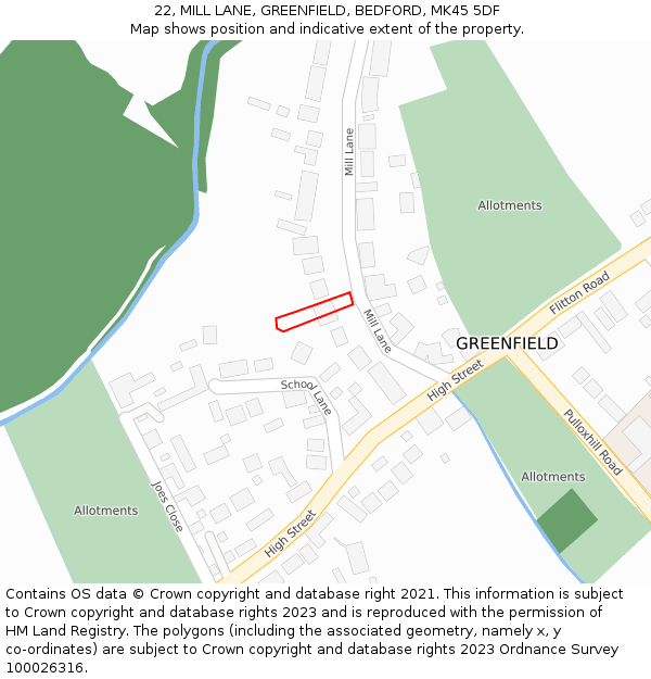 22, MILL LANE, GREENFIELD, BEDFORD, MK45 5DF: Location map and indicative extent of plot