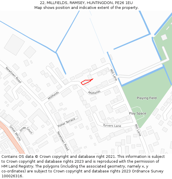 22, MILLFIELDS, RAMSEY, HUNTINGDON, PE26 1EU: Location map and indicative extent of plot