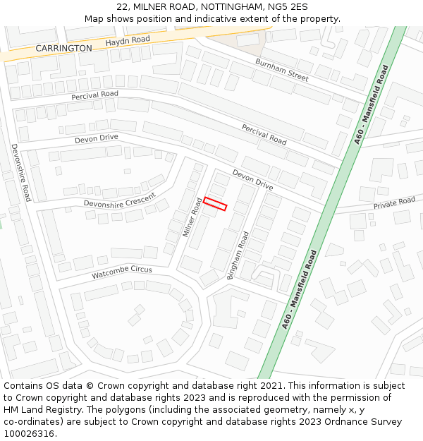 22, MILNER ROAD, NOTTINGHAM, NG5 2ES: Location map and indicative extent of plot