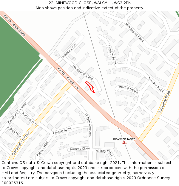 22, MINEWOOD CLOSE, WALSALL, WS3 2PN: Location map and indicative extent of plot