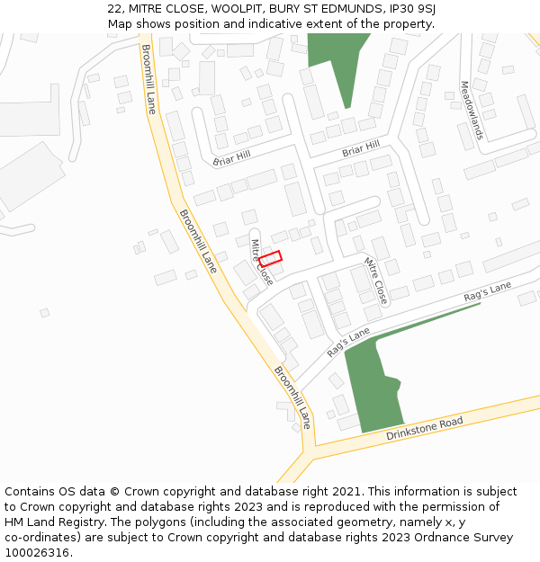 22, MITRE CLOSE, WOOLPIT, BURY ST EDMUNDS, IP30 9SJ: Location map and indicative extent of plot