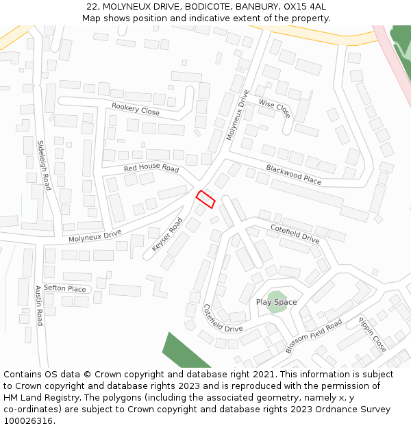 22, MOLYNEUX DRIVE, BODICOTE, BANBURY, OX15 4AL: Location map and indicative extent of plot