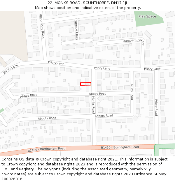 22, MONKS ROAD, SCUNTHORPE, DN17 1JL: Location map and indicative extent of plot