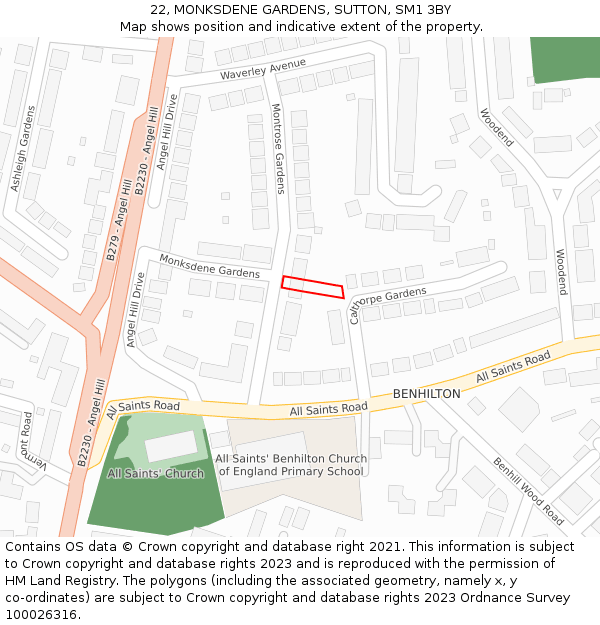 22, MONKSDENE GARDENS, SUTTON, SM1 3BY: Location map and indicative extent of plot