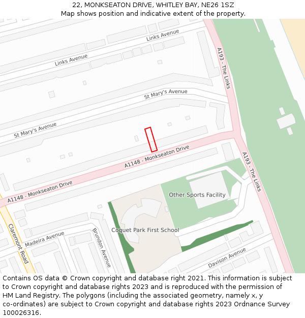 22, MONKSEATON DRIVE, WHITLEY BAY, NE26 1SZ: Location map and indicative extent of plot