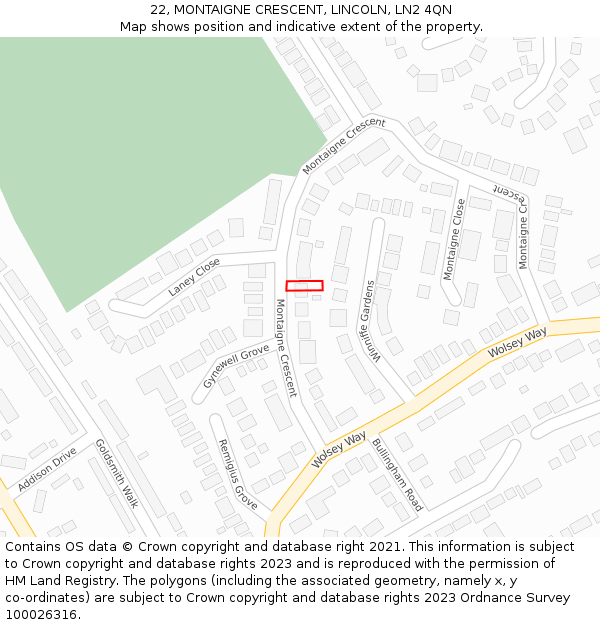 22, MONTAIGNE CRESCENT, LINCOLN, LN2 4QN: Location map and indicative extent of plot