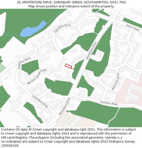 22, MONTEFIORE DRIVE, SARISBURY GREEN, SOUTHAMPTON, SO31 7NG: Location map and indicative extent of plot