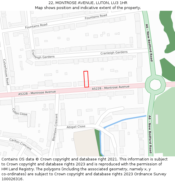 22, MONTROSE AVENUE, LUTON, LU3 1HR: Location map and indicative extent of plot