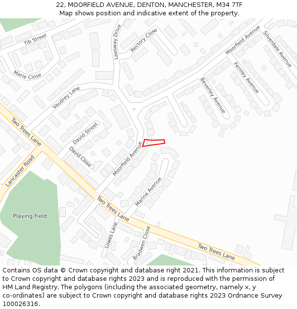 22, MOORFIELD AVENUE, DENTON, MANCHESTER, M34 7TF: Location map and indicative extent of plot