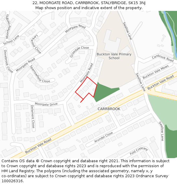 22, MOORGATE ROAD, CARRBROOK, STALYBRIDGE, SK15 3NJ: Location map and indicative extent of plot