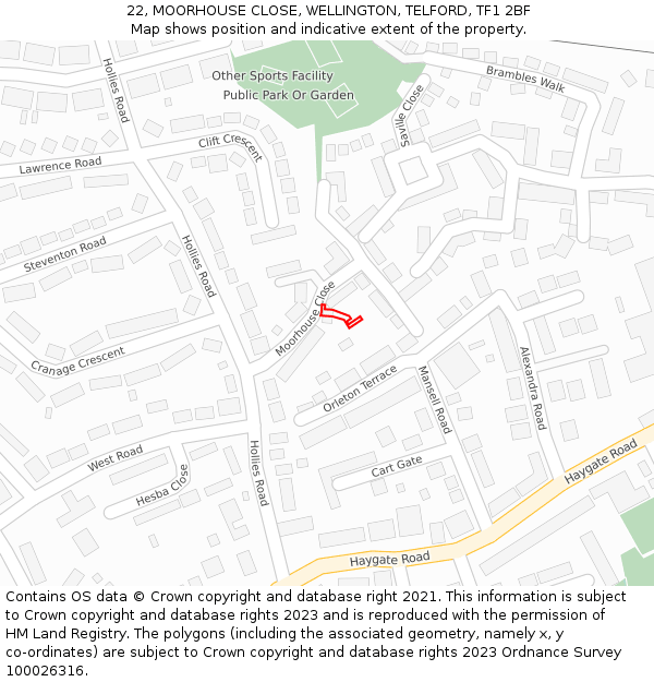 22, MOORHOUSE CLOSE, WELLINGTON, TELFORD, TF1 2BF: Location map and indicative extent of plot