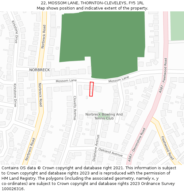 22, MOSSOM LANE, THORNTON-CLEVELEYS, FY5 1RL: Location map and indicative extent of plot