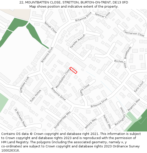 22, MOUNTBATTEN CLOSE, STRETTON, BURTON-ON-TRENT, DE13 0FD: Location map and indicative extent of plot