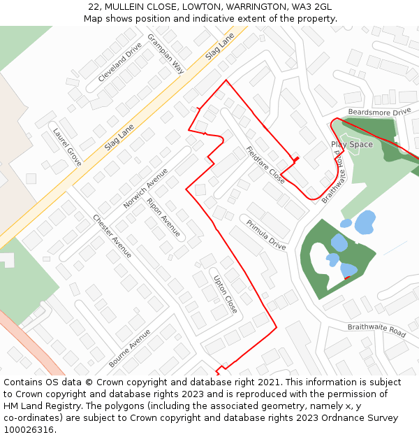 22, MULLEIN CLOSE, LOWTON, WARRINGTON, WA3 2GL: Location map and indicative extent of plot