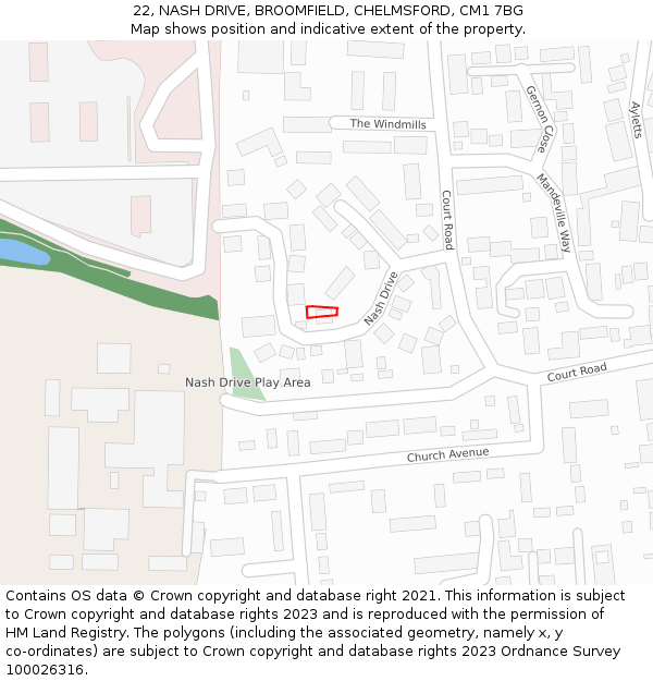 22, NASH DRIVE, BROOMFIELD, CHELMSFORD, CM1 7BG: Location map and indicative extent of plot