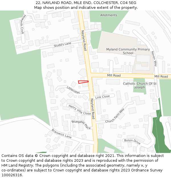 22, NAYLAND ROAD, MILE END, COLCHESTER, CO4 5EG: Location map and indicative extent of plot