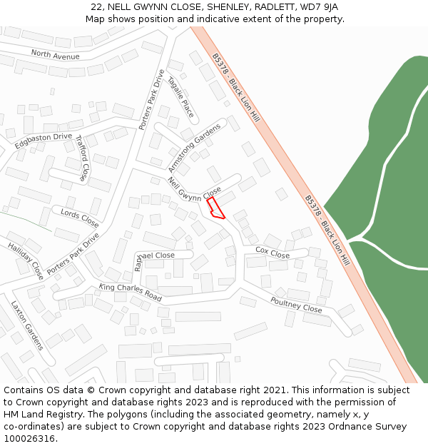22, NELL GWYNN CLOSE, SHENLEY, RADLETT, WD7 9JA: Location map and indicative extent of plot