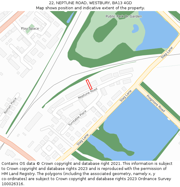 22, NEPTUNE ROAD, WESTBURY, BA13 4GD: Location map and indicative extent of plot