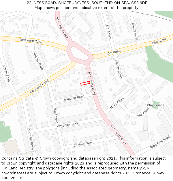 22, NESS ROAD, SHOEBURYNESS, SOUTHEND-ON-SEA, SS3 9DF: Location map and indicative extent of plot
