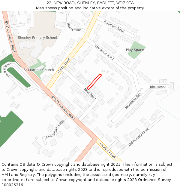 22, NEW ROAD, SHENLEY, RADLETT, WD7 9EA: Location map and indicative extent of plot