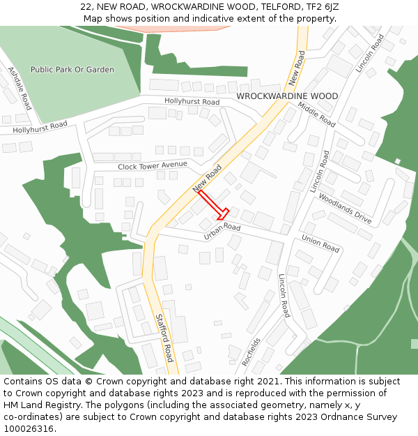 22, NEW ROAD, WROCKWARDINE WOOD, TELFORD, TF2 6JZ: Location map and indicative extent of plot