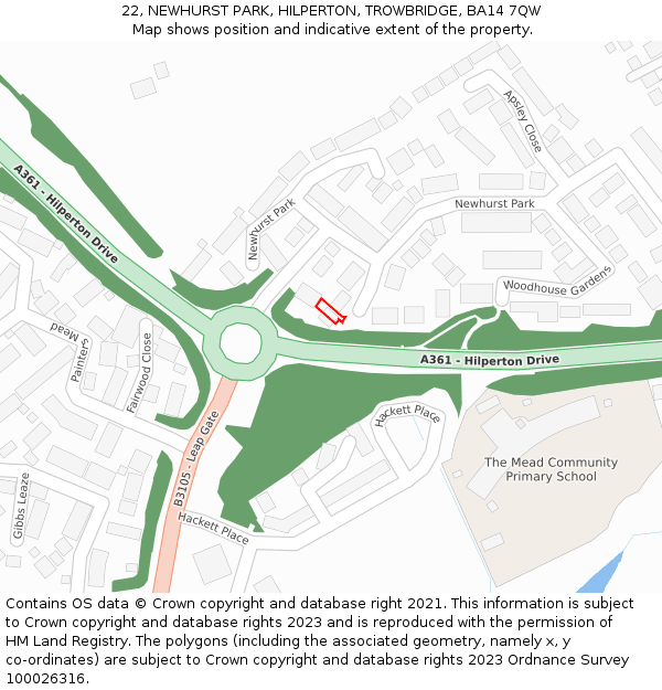 22, NEWHURST PARK, HILPERTON, TROWBRIDGE, BA14 7QW: Location map and indicative extent of plot