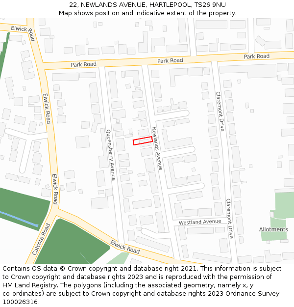 22, NEWLANDS AVENUE, HARTLEPOOL, TS26 9NU: Location map and indicative extent of plot