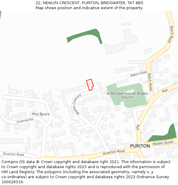 22, NEWLYN CRESCENT, PURITON, BRIDGWATER, TA7 8BS: Location map and indicative extent of plot