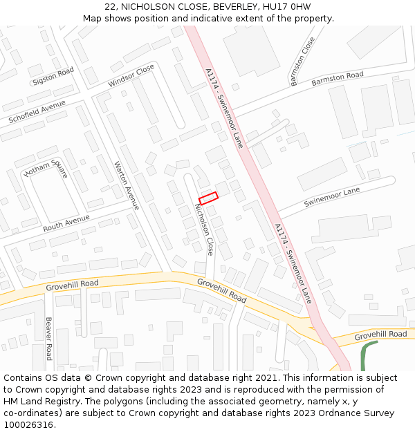 22, NICHOLSON CLOSE, BEVERLEY, HU17 0HW: Location map and indicative extent of plot