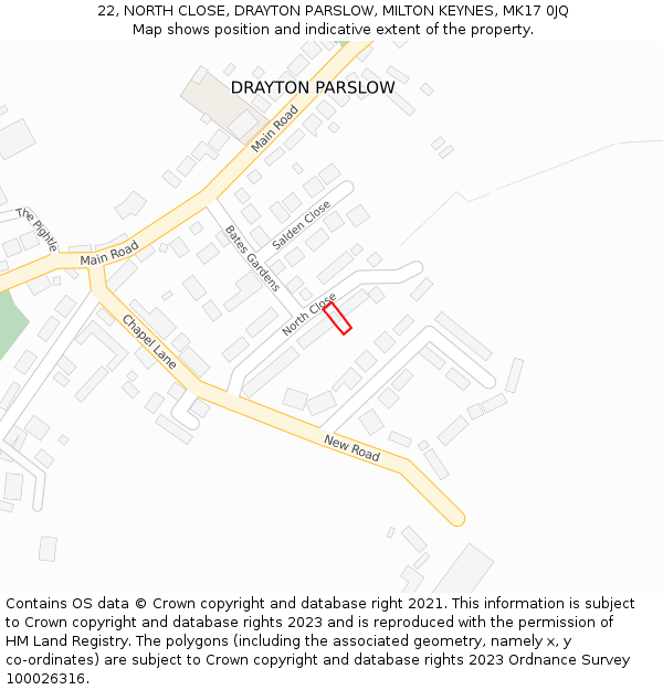 22, NORTH CLOSE, DRAYTON PARSLOW, MILTON KEYNES, MK17 0JQ: Location map and indicative extent of plot