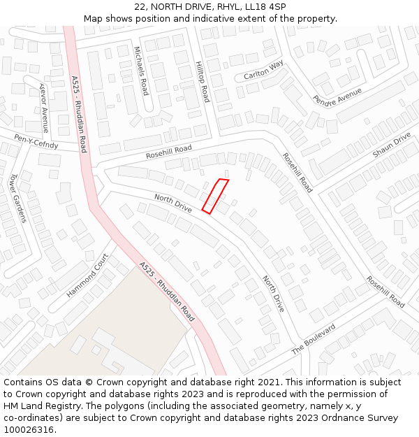 22, NORTH DRIVE, RHYL, LL18 4SP: Location map and indicative extent of plot