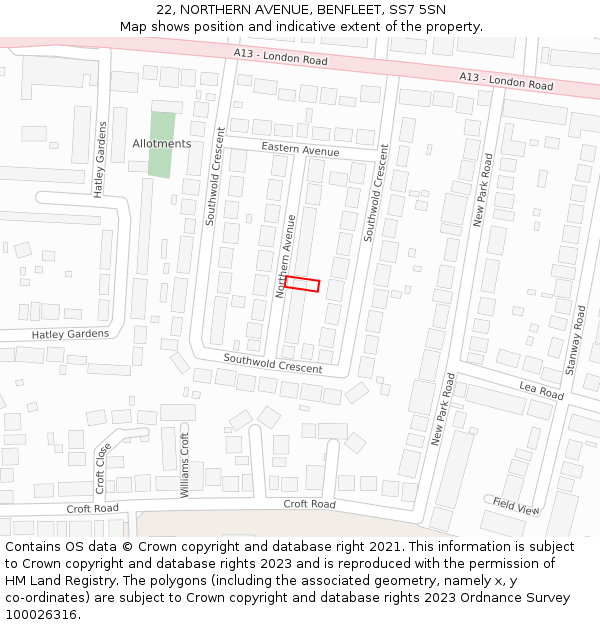 22, NORTHERN AVENUE, BENFLEET, SS7 5SN: Location map and indicative extent of plot