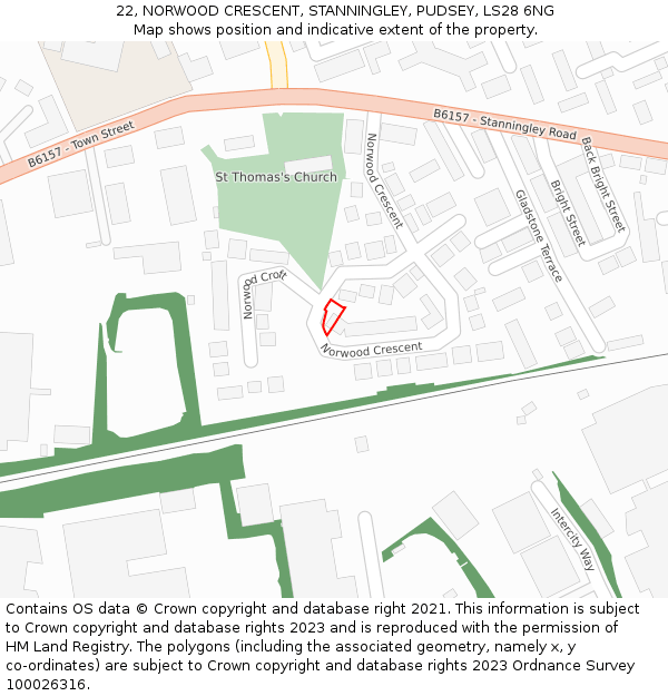 22, NORWOOD CRESCENT, STANNINGLEY, PUDSEY, LS28 6NG: Location map and indicative extent of plot