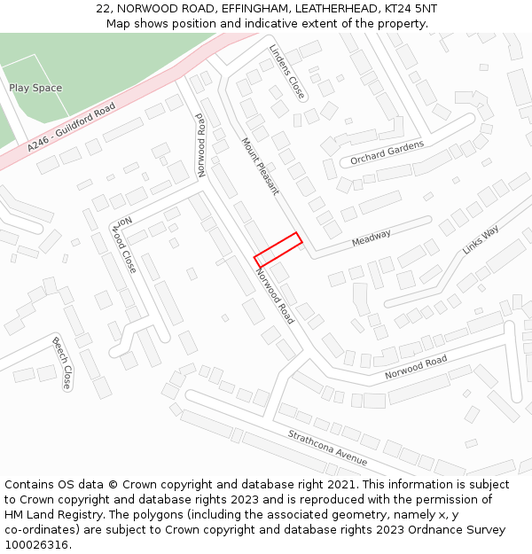 22, NORWOOD ROAD, EFFINGHAM, LEATHERHEAD, KT24 5NT: Location map and indicative extent of plot