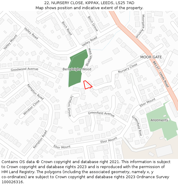 22, NURSERY CLOSE, KIPPAX, LEEDS, LS25 7AD: Location map and indicative extent of plot