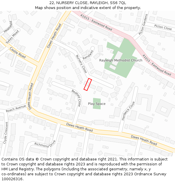 22, NURSERY CLOSE, RAYLEIGH, SS6 7QL: Location map and indicative extent of plot