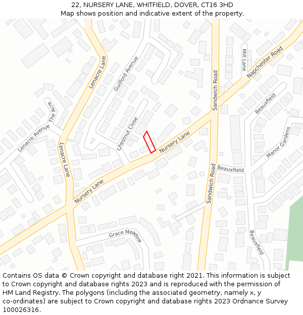 22, NURSERY LANE, WHITFIELD, DOVER, CT16 3HD: Location map and indicative extent of plot
