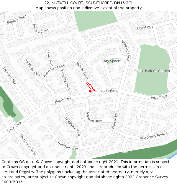 22, NUTWELL COURT, SCUNTHORPE, DN16 3GL: Location map and indicative extent of plot