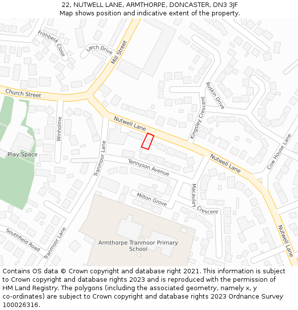 22, NUTWELL LANE, ARMTHORPE, DONCASTER, DN3 3JF: Location map and indicative extent of plot