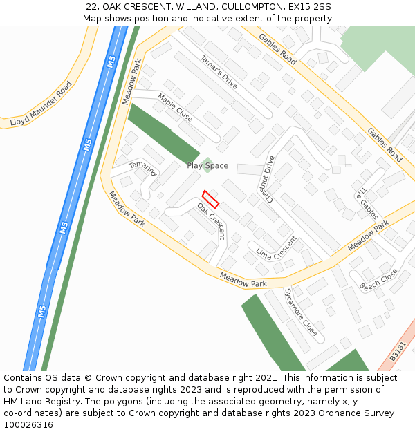 22, OAK CRESCENT, WILLAND, CULLOMPTON, EX15 2SS: Location map and indicative extent of plot