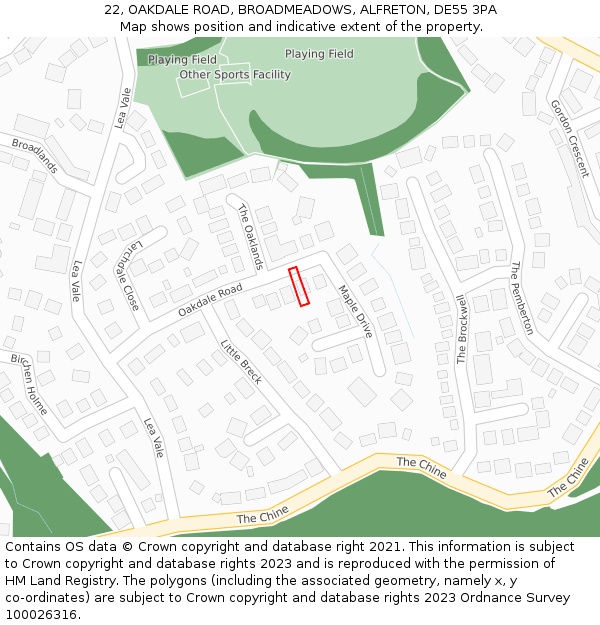 22, OAKDALE ROAD, BROADMEADOWS, ALFRETON, DE55 3PA: Location map and indicative extent of plot