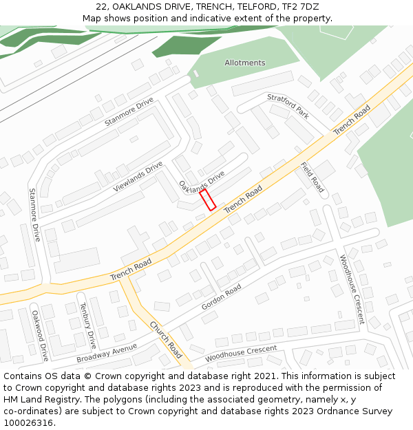 22, OAKLANDS DRIVE, TRENCH, TELFORD, TF2 7DZ: Location map and indicative extent of plot
