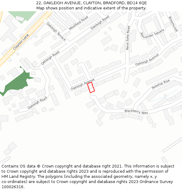 22, OAKLEIGH AVENUE, CLAYTON, BRADFORD, BD14 6QE: Location map and indicative extent of plot